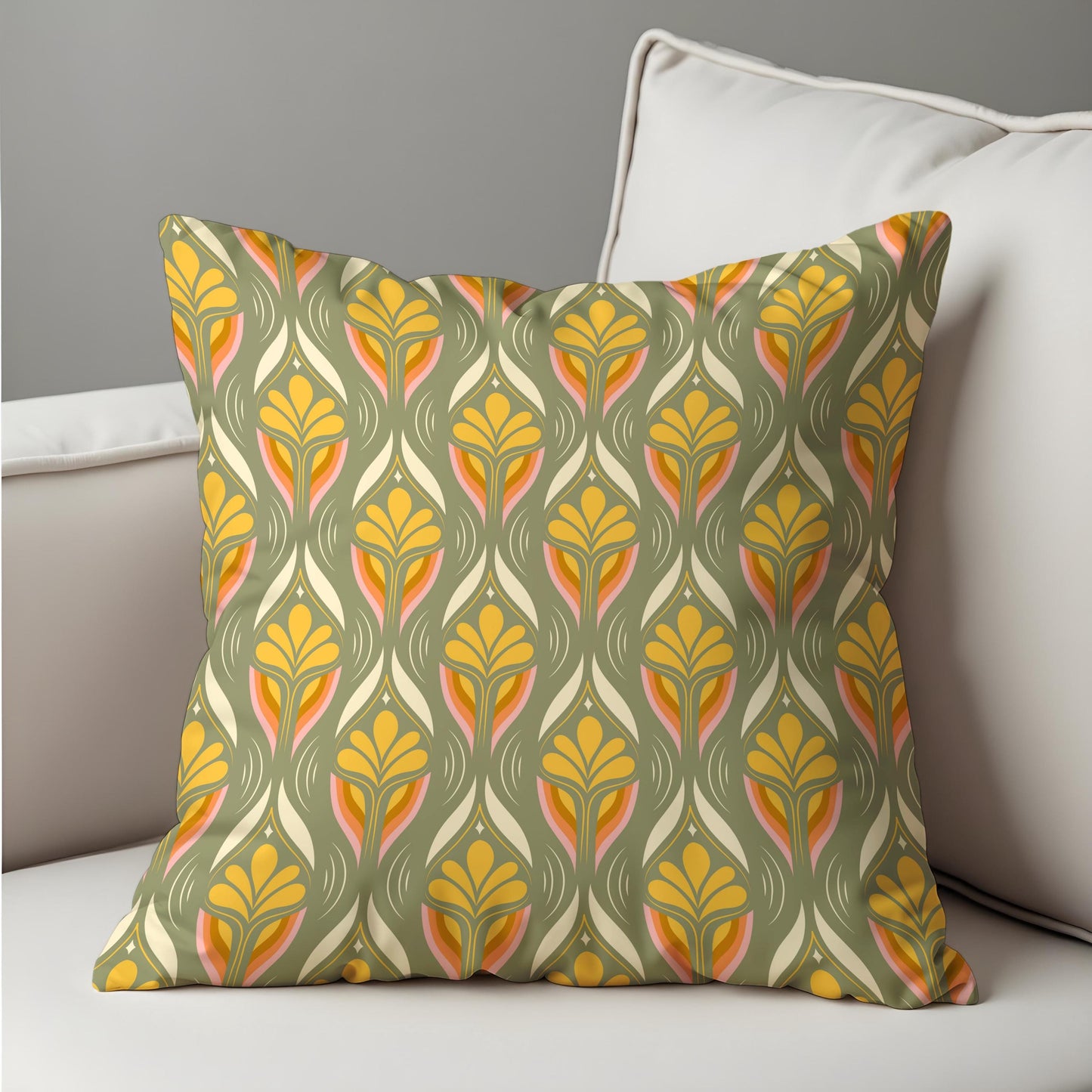 Retro Floral Cushion Cover, Olive & Mustard Art Nouveau Pillow Cover
