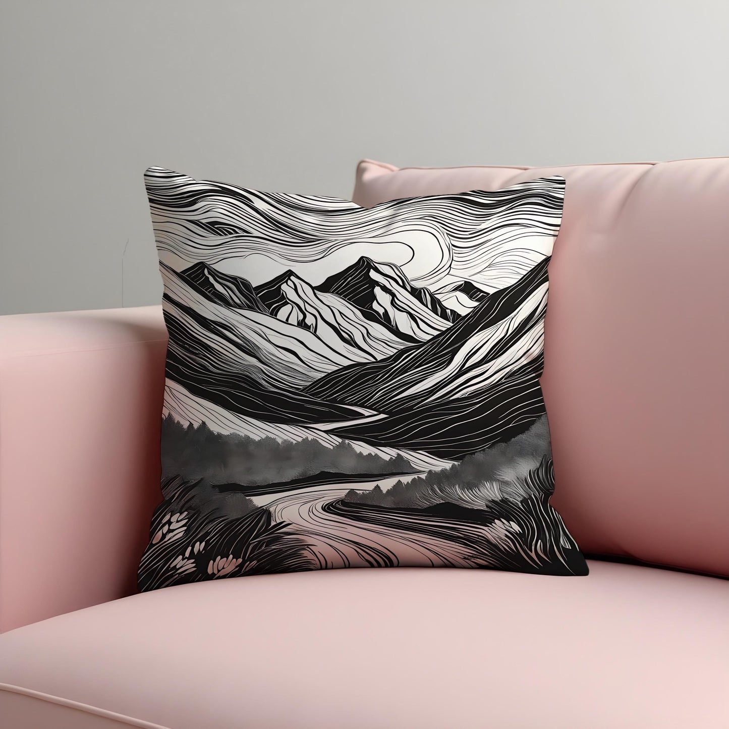Black & White Mountain Cushion Cover, Monochrome Landscape Pillow Cover