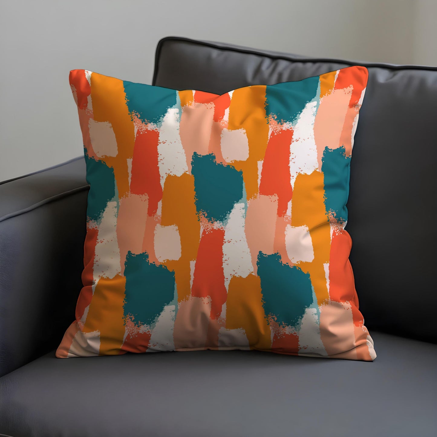 Abstract Brushstroke Cushion Cover, Bold Teal, Orange & Coral Pillow Case