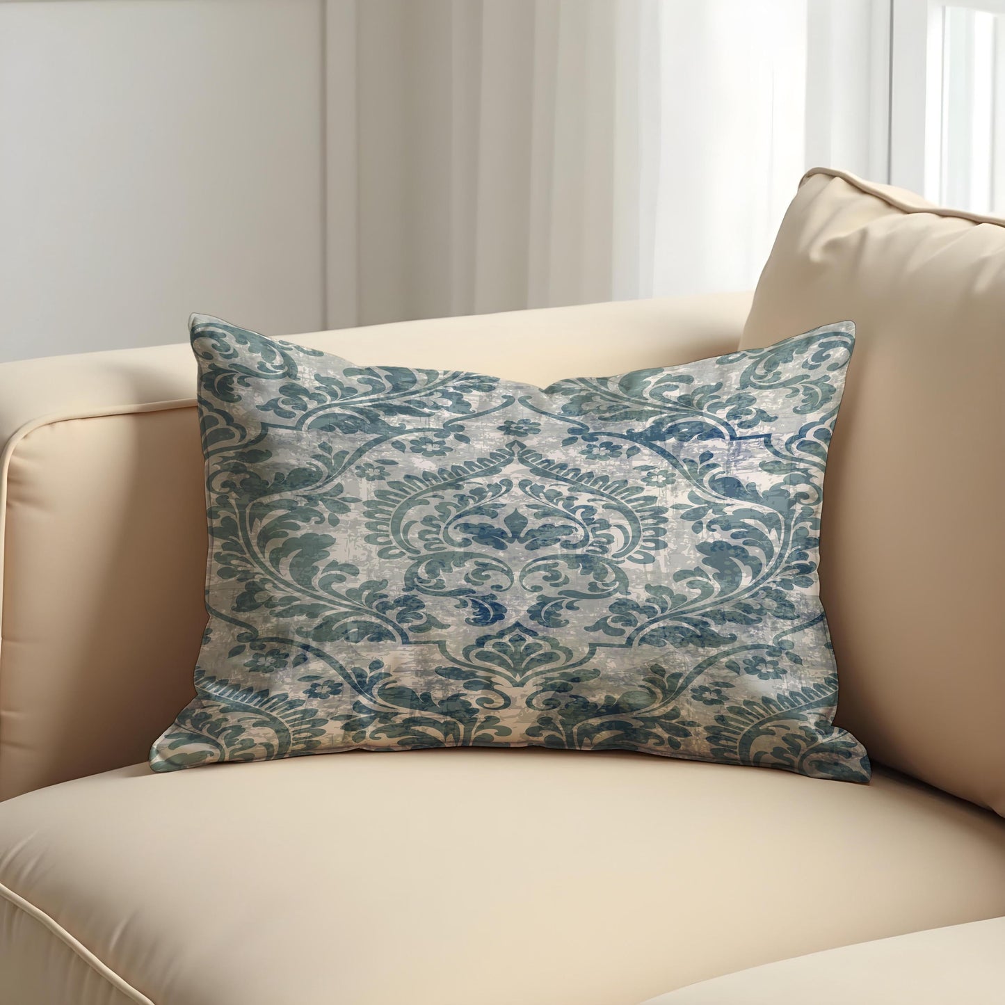 Blue Damask Cushion Cover, Classic Ornamental Throw Pillow Cover