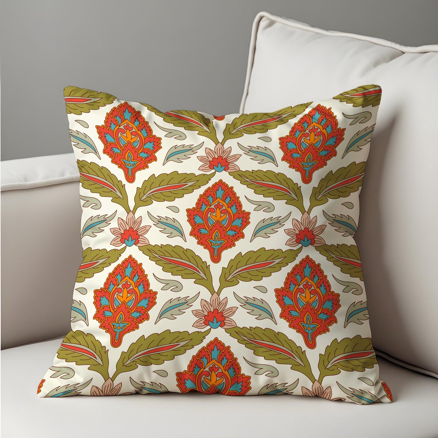 Boho Floral Cushion Cover, Red & Olive Classic Pillow Cover