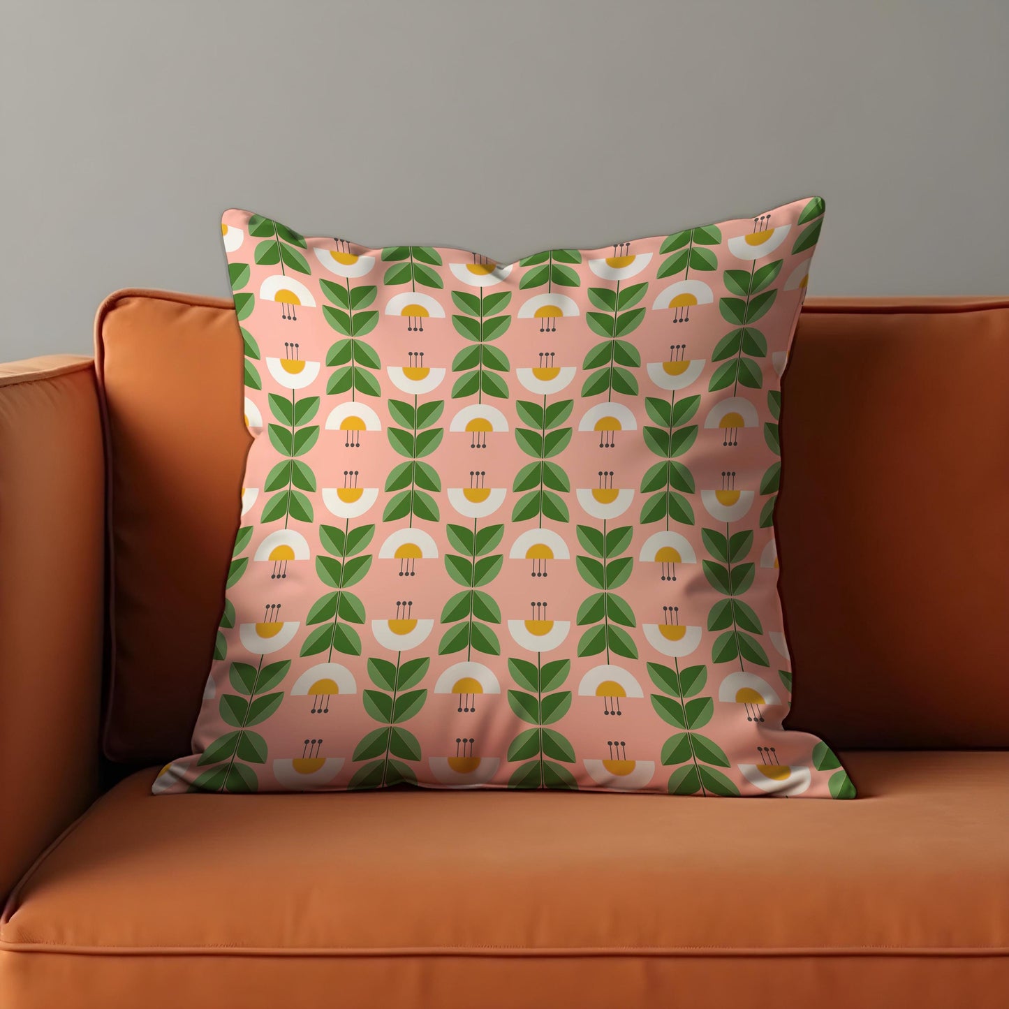 Retro Floral Cushion Cover, Green Leaf & Yellow Flower Pillow Case