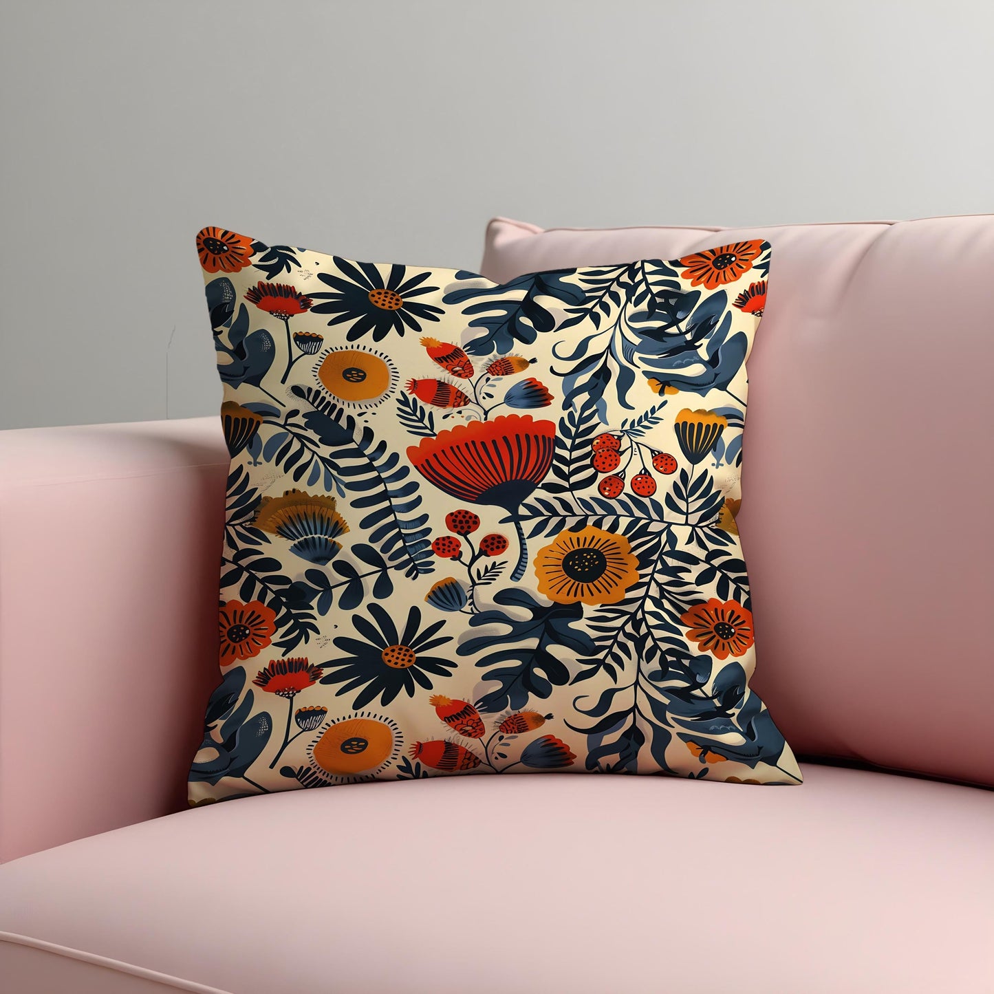 Folk Art Floral Cushion Cover, Bold Botanical Print Pillow Case