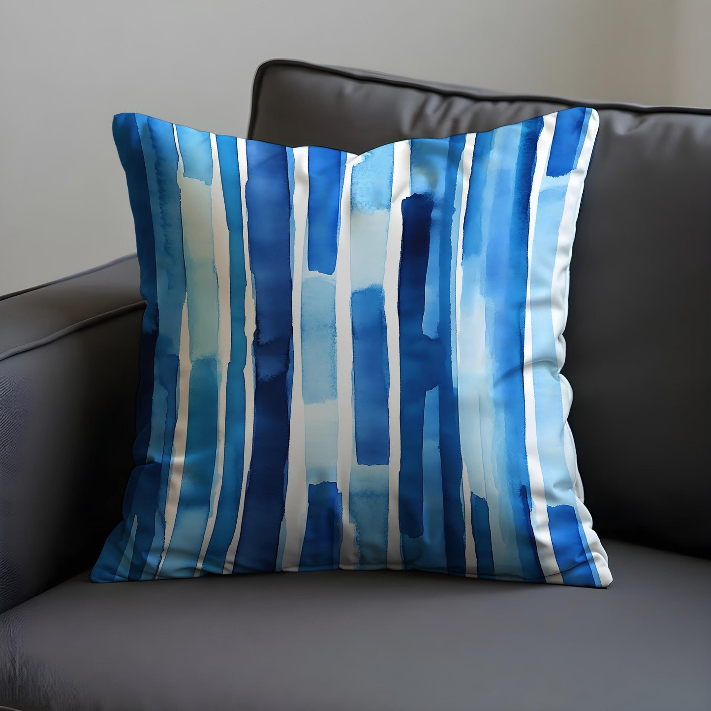 Blue Watercolor Stripe Cushion Cover, Abstract Modern Throw Pillow Cover