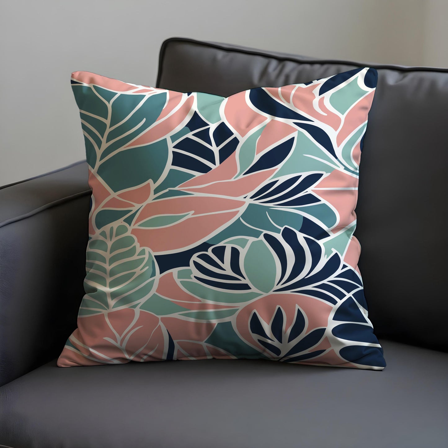 Tropical Leaf Cushion Cover, Bold Coral & Mint Botanical Pillowcase