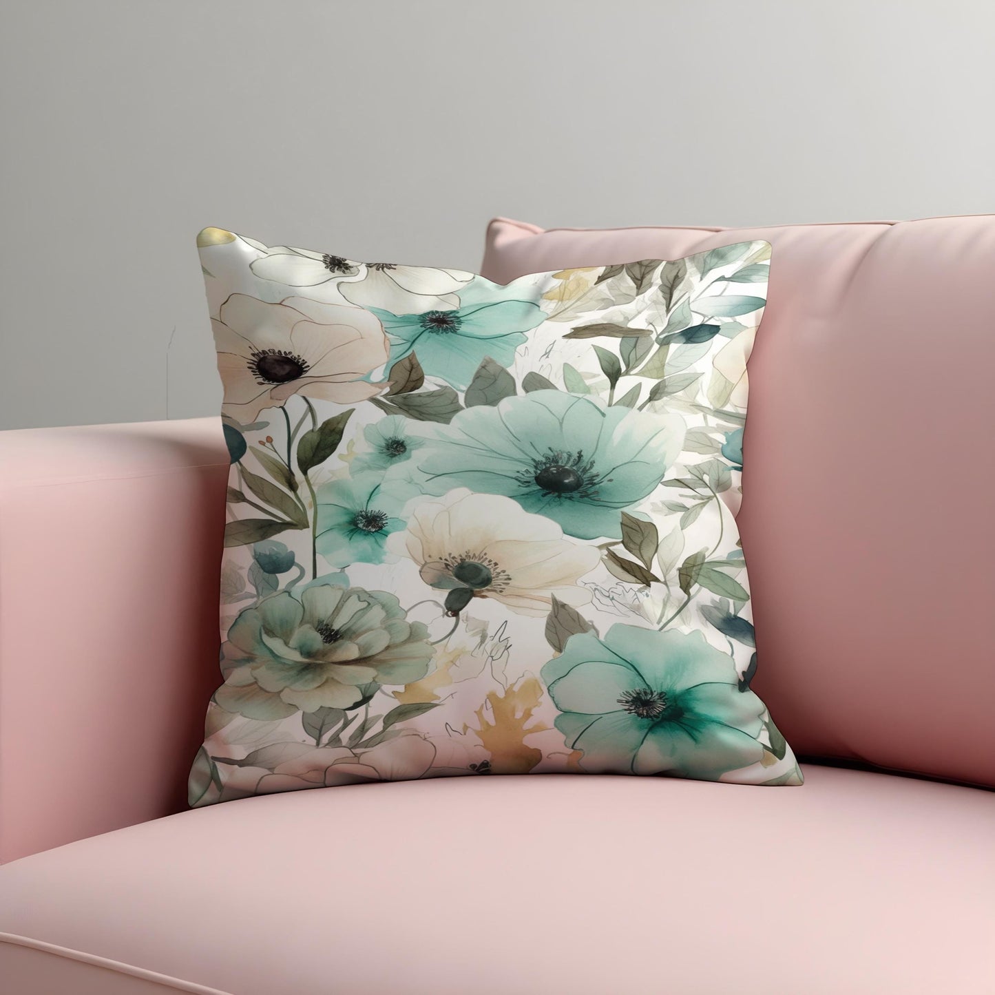 Aqua Floral Cushion Cover, Teal & Sage Watercolor Flowers Pillow Case