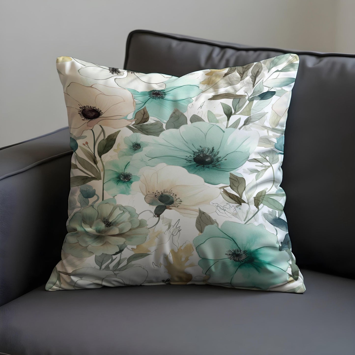 Aqua Floral Cushion Cover, Teal & Sage Watercolor Flowers Pillow Case