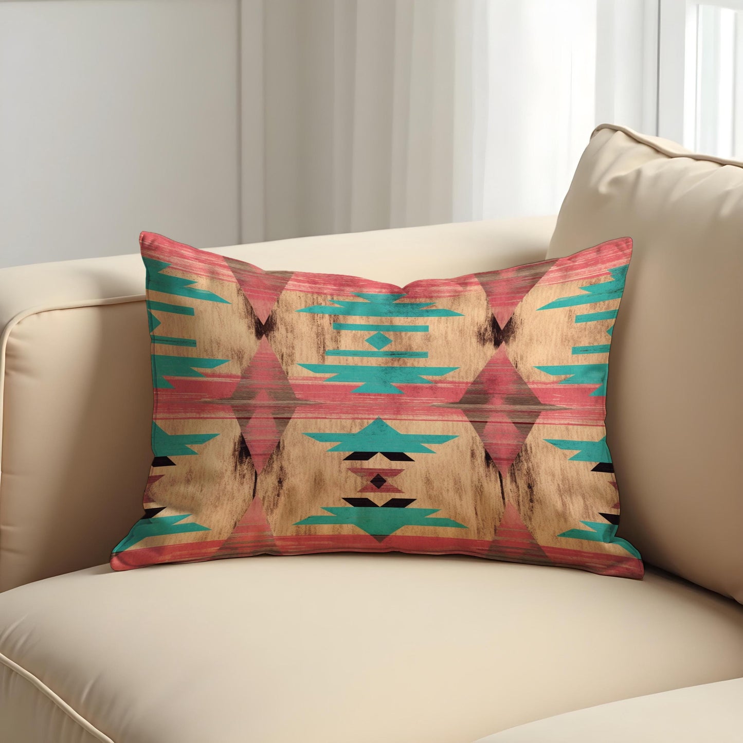 Southwestern Cushion Cover, Faded Aztec Coral & Turquoise Pillow Case