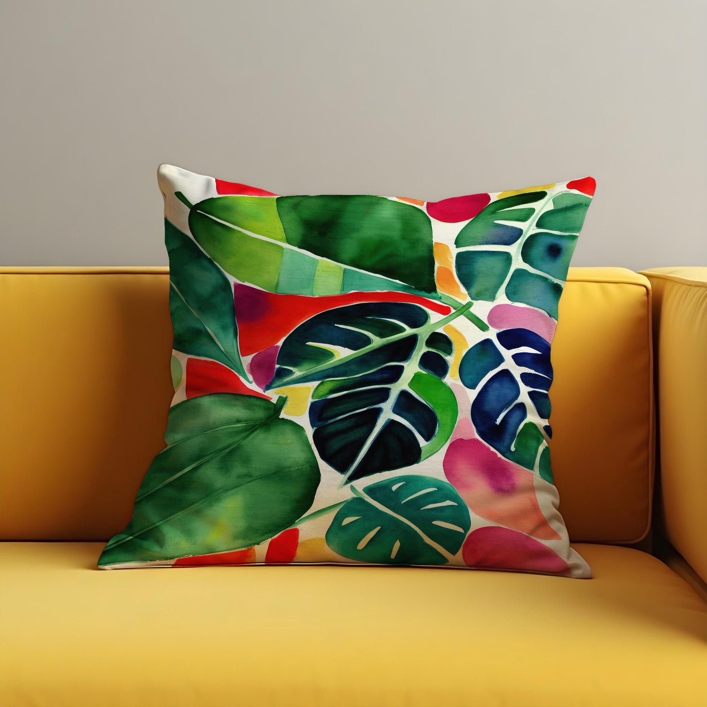 Tropical Watercolor Leaf Cushion Cover, Colorful Jungle Botanical Pillowcase