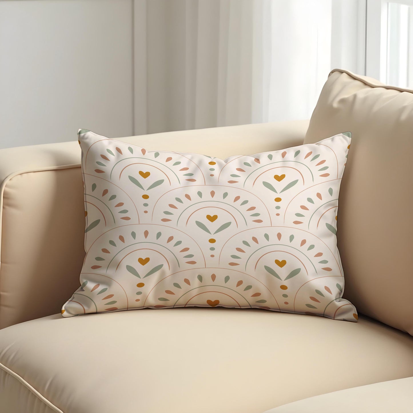 Boho Rainbow Cushion Cover, Arches with Heart & Leaf Motif Pillow Case