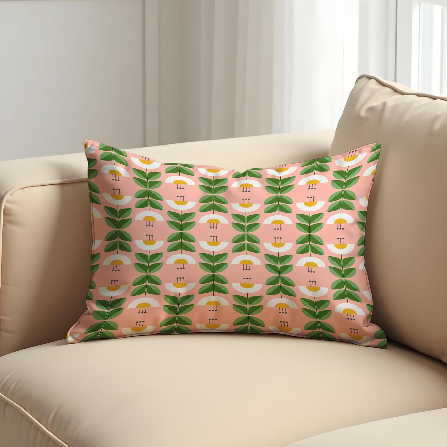 Retro Floral Cushion Cover, Green Leaf & Yellow Flower Pillow Case