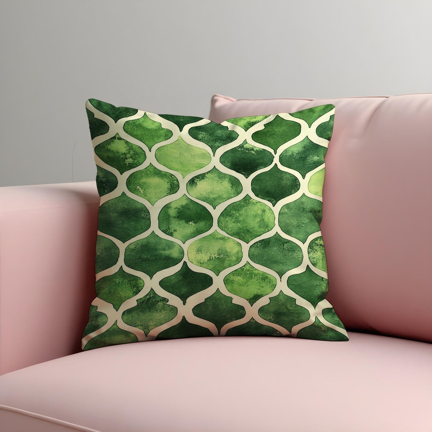 Green Moroccan Trellis Cushion Cover, Watercolor Style Pillow Cover