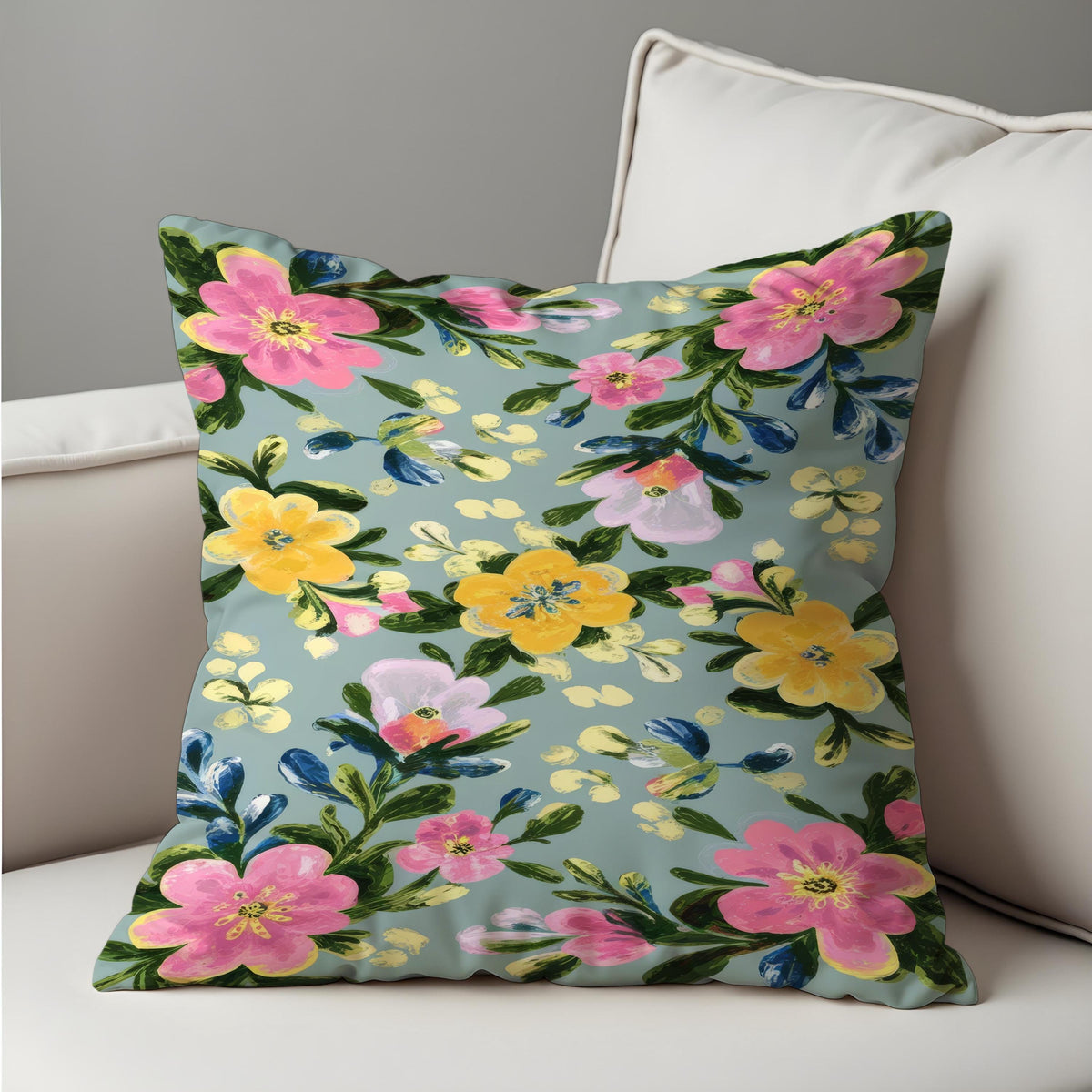 Blue Flower Cushion Cover, Fresh Botanical Pillow Case