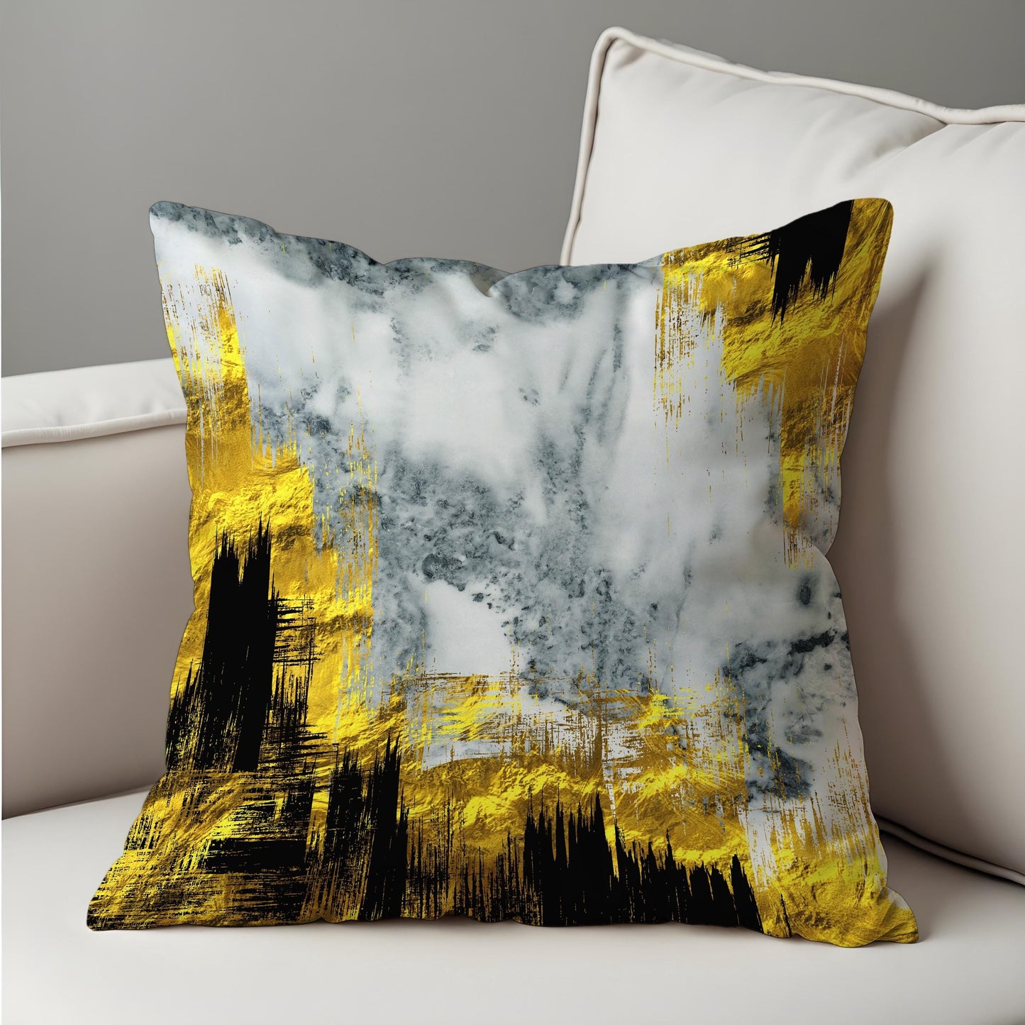Abstract Cushion Cover, Mustard & Marble Brushstrokes Pillow Case