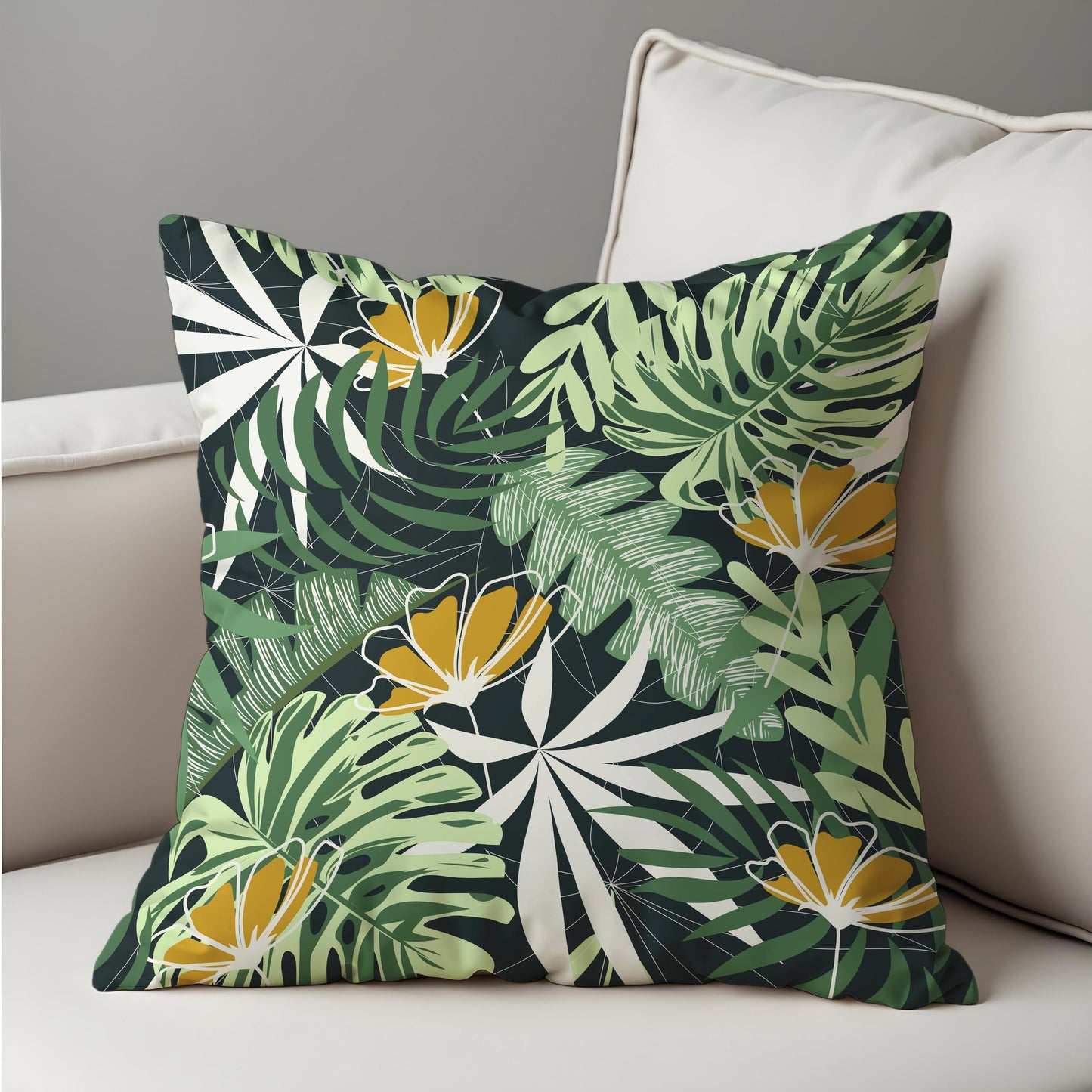 Tropical Floral Cushion Cover, Green Jungle Leaves Pillow Cover