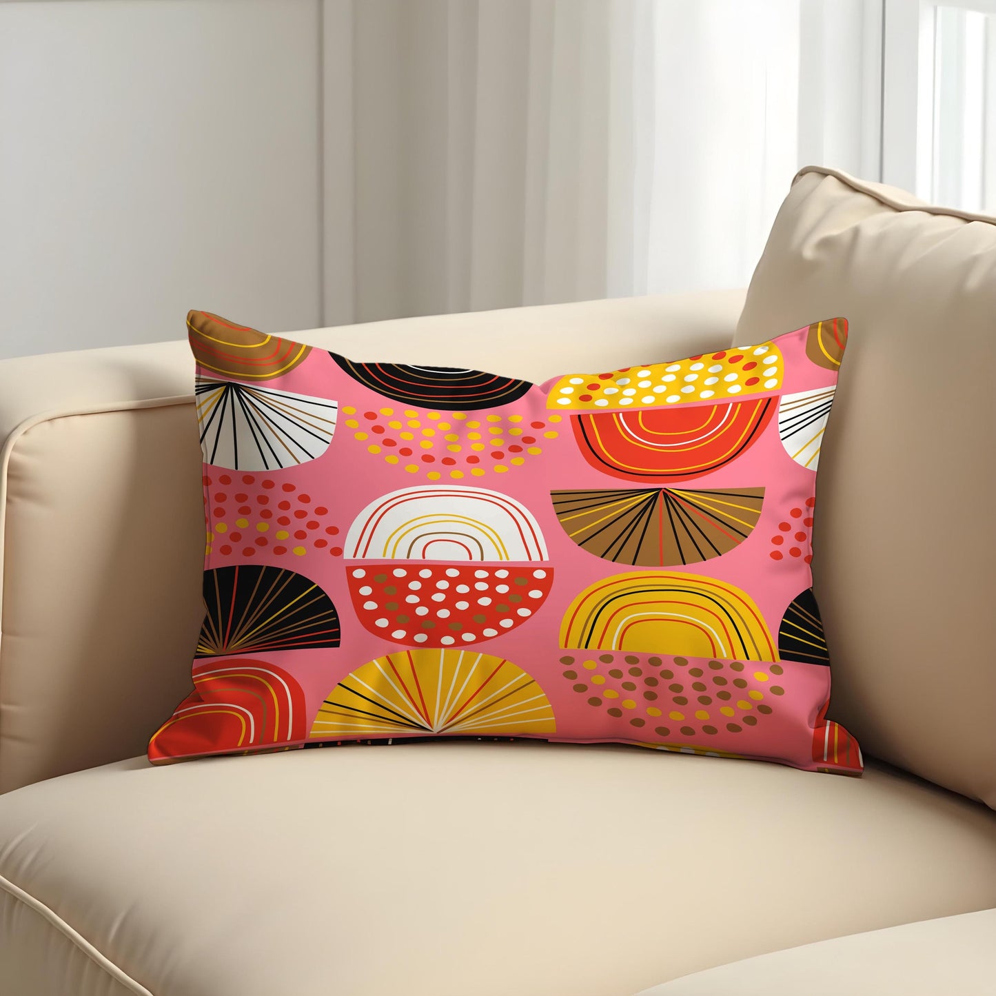 Bold Geometric Cushion Cover, Colorful Half Circles & Dots Pillow Cover