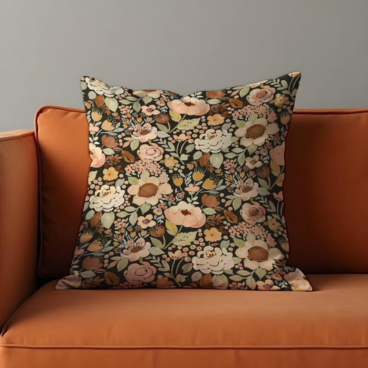 Autumn Floral Cushion Cover, Warm Beige, Blush & Brown Flowers Pillow Case
