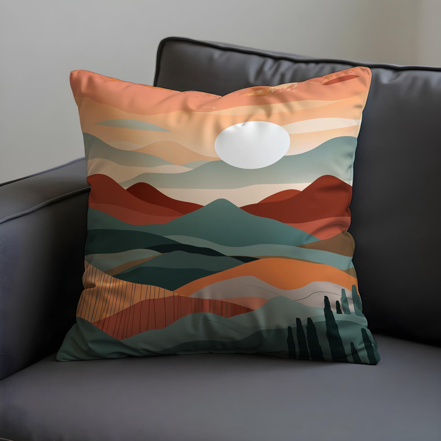 Minimalist Landscape Cushion Cover, Earthy Sunset Scene Pillowcase