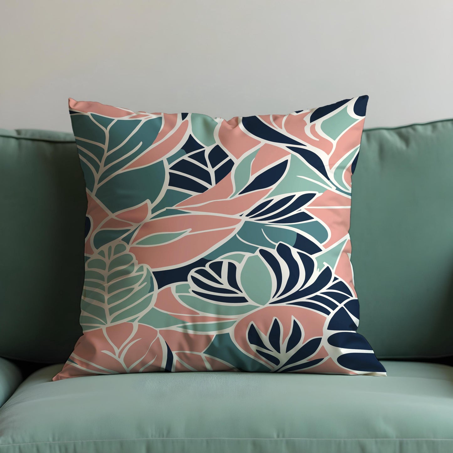 Tropical Leaf Cushion Cover, Bold Coral & Mint Botanical Pillowcase