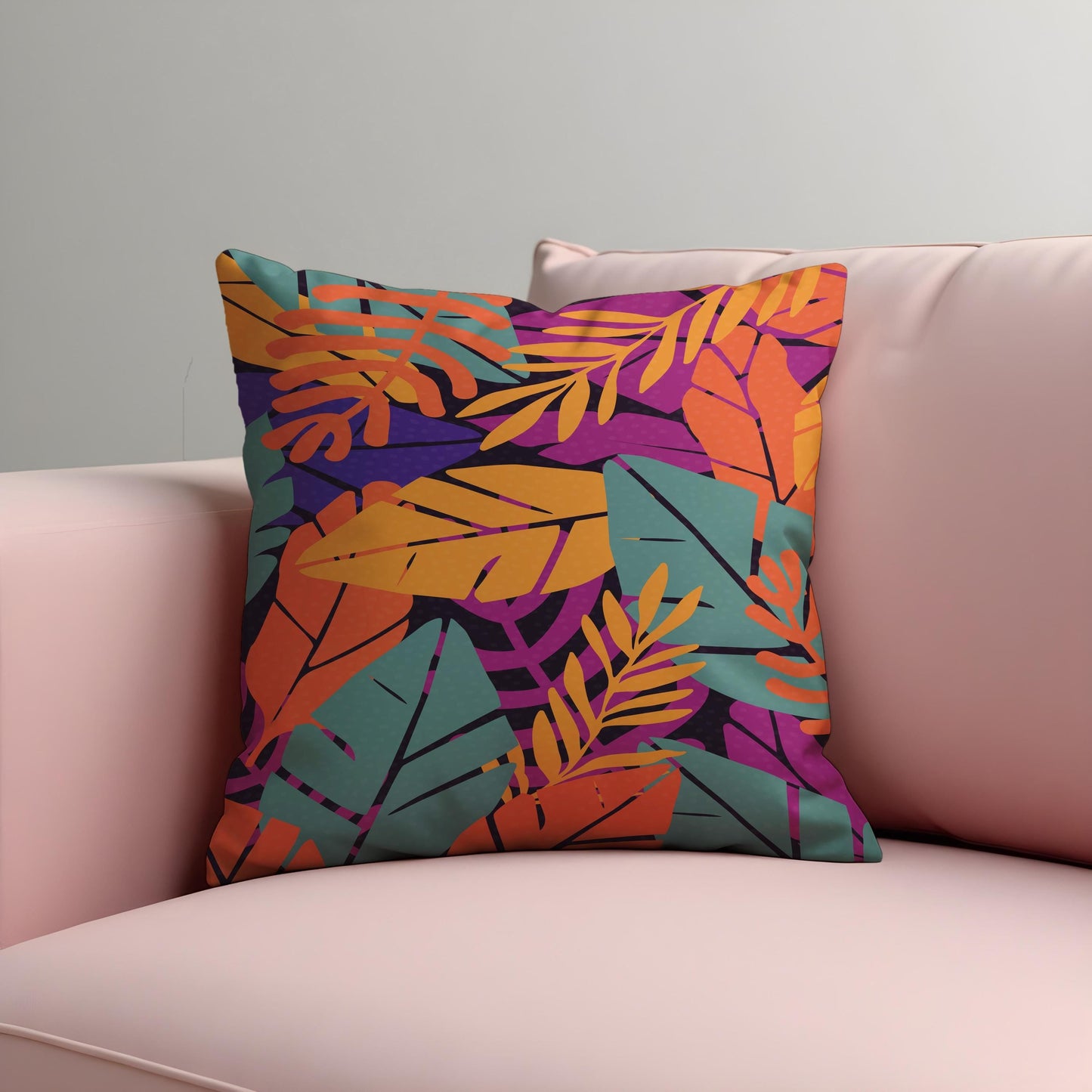 Tropical Leaf Cushion Cover, Orange & Green Botanical Print Pillow Case