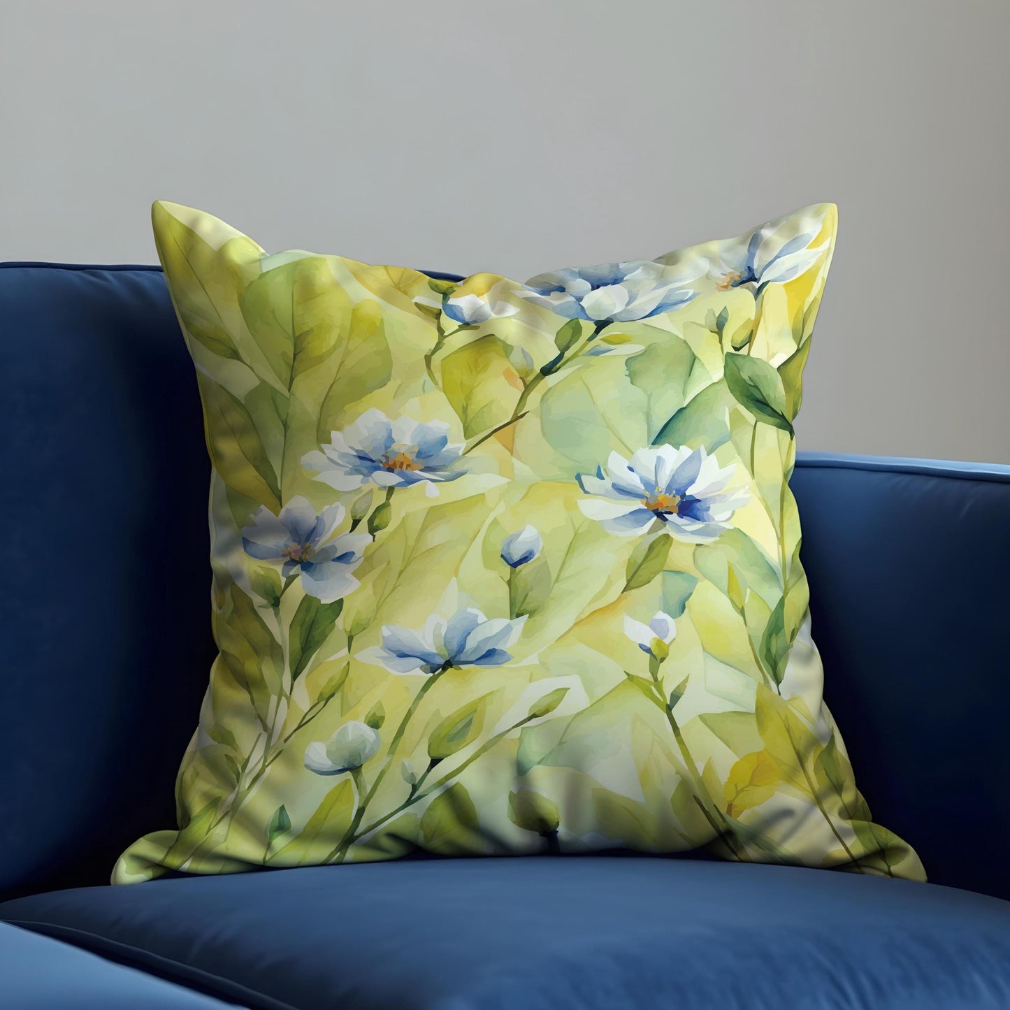 Lemon Yellow Floral Cushion Cover, Soft Blue Flowers Pillow Case