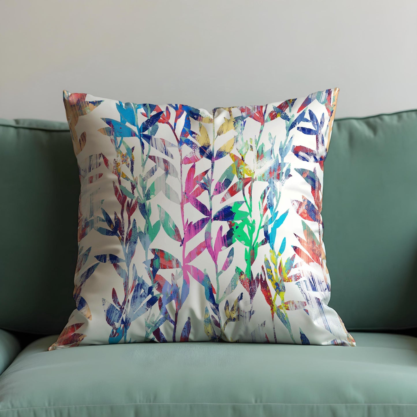 Colorful Botanical Cushion Cover, Rainbow Watercolor Leaves Pillowcase