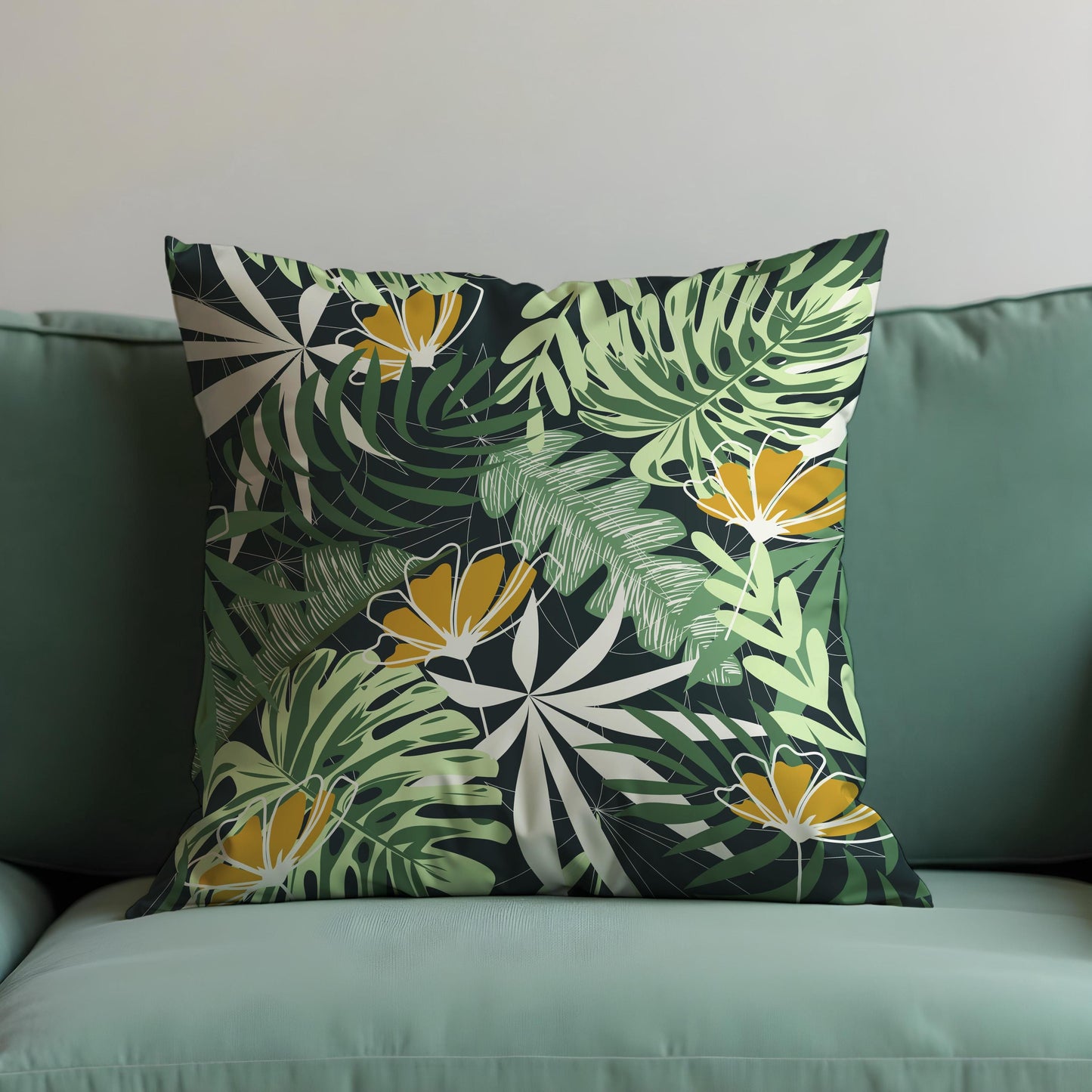 Tropical Floral Cushion Cover, Green Jungle Leaves Pillow Cover