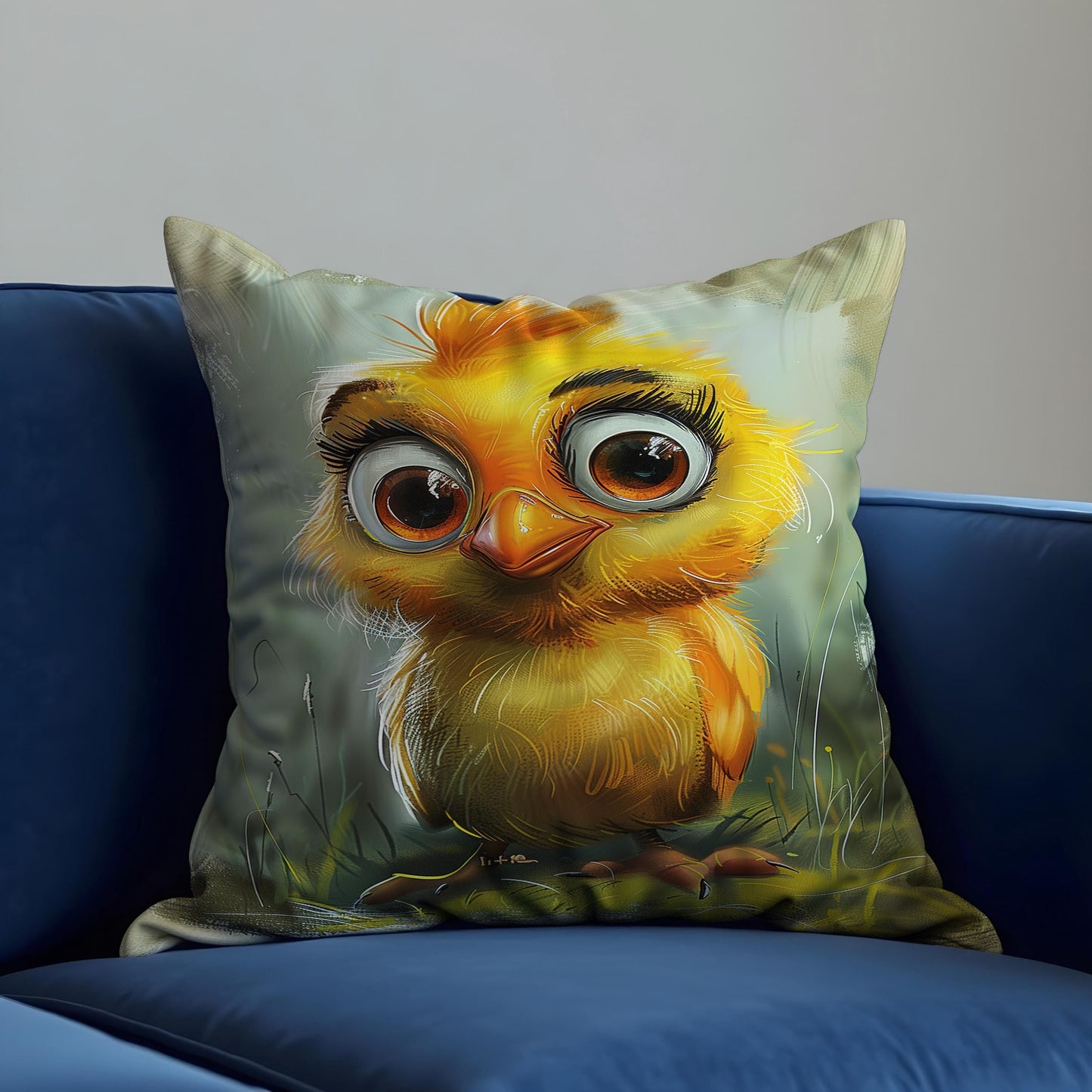 Cute Baby Chick Cushion Cover, Cartoon Style Yellow Bird Pillow Cover