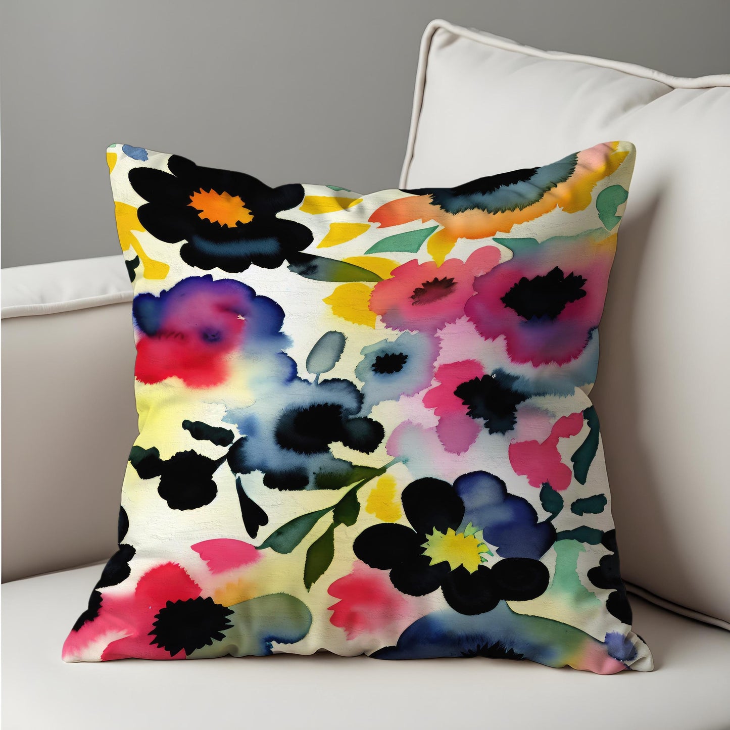 Watercolor Floral Cushion Cover, Colorful Flower Throw Pillow Cover