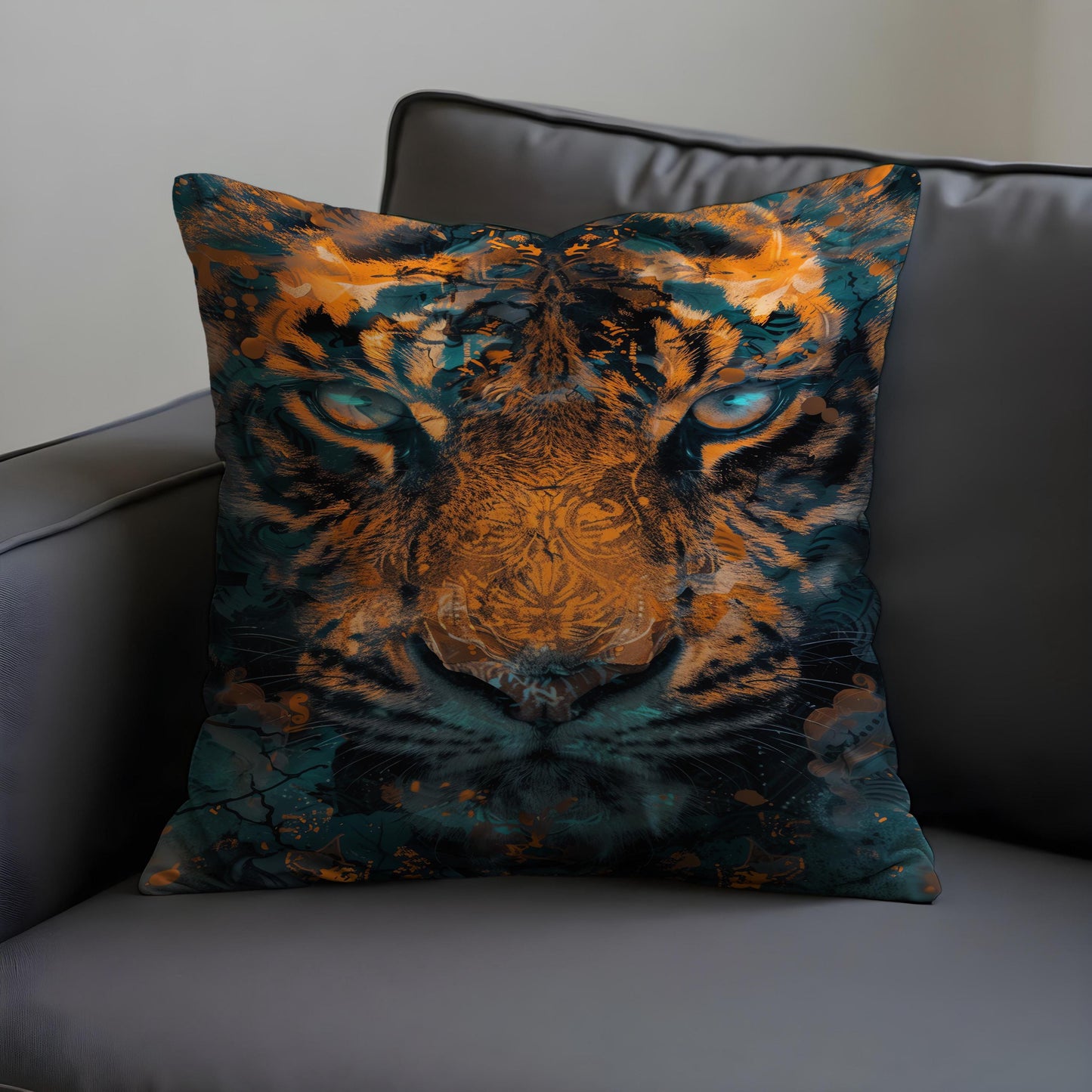 Fierce Tiger Face Cushion Cover, Wild Jungle Animal Art Pillow Cover