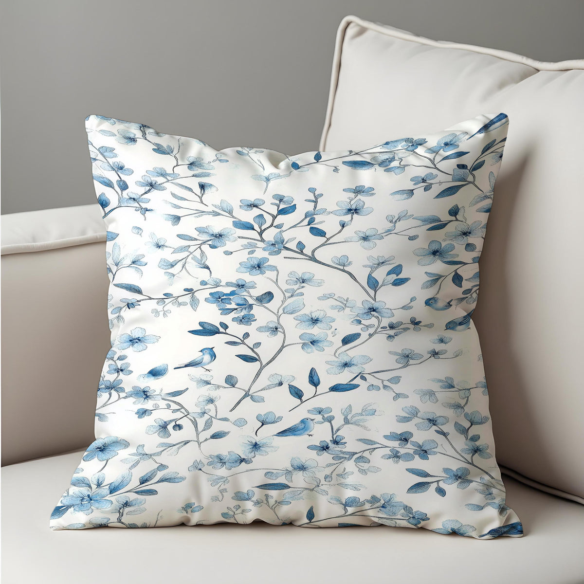 Blue Bird Floral Cushion Cover, Botanical Pillow Case