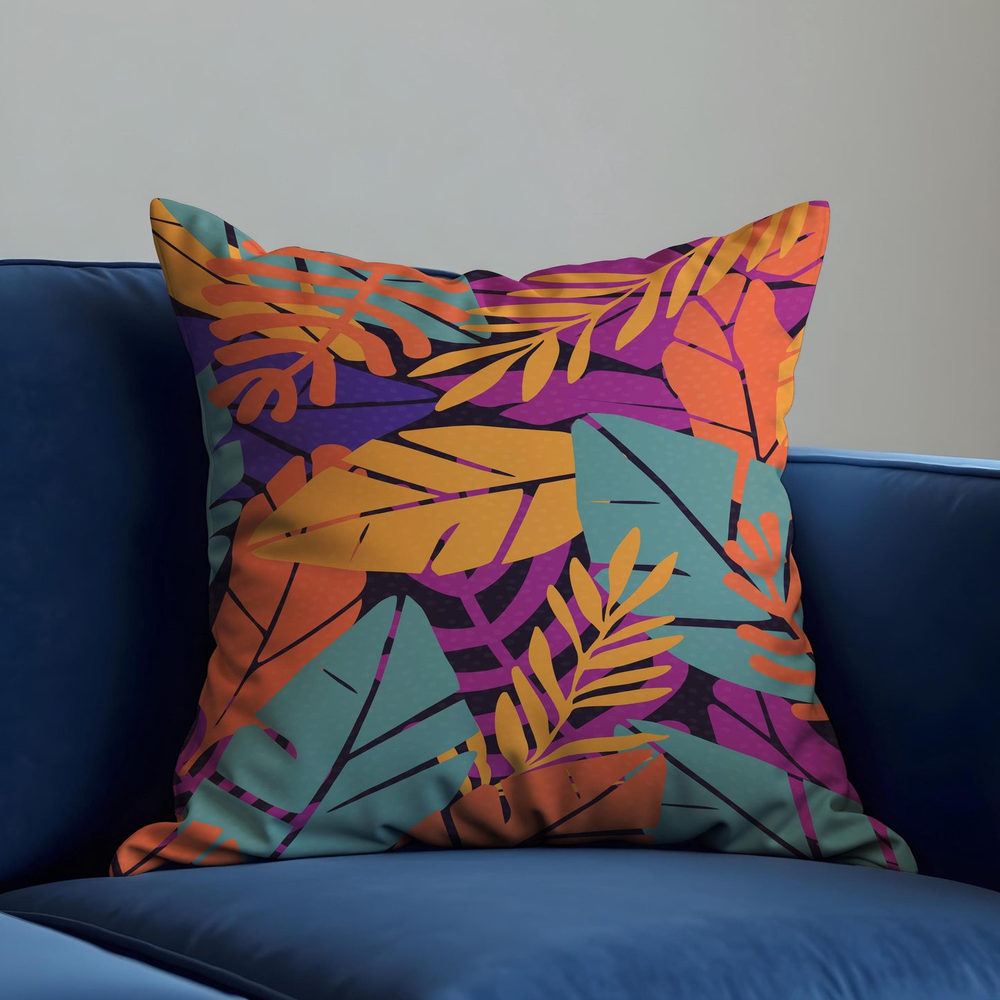 Tropical Leaf Cushion Cover, Orange & Green Botanical Print Pillow Case