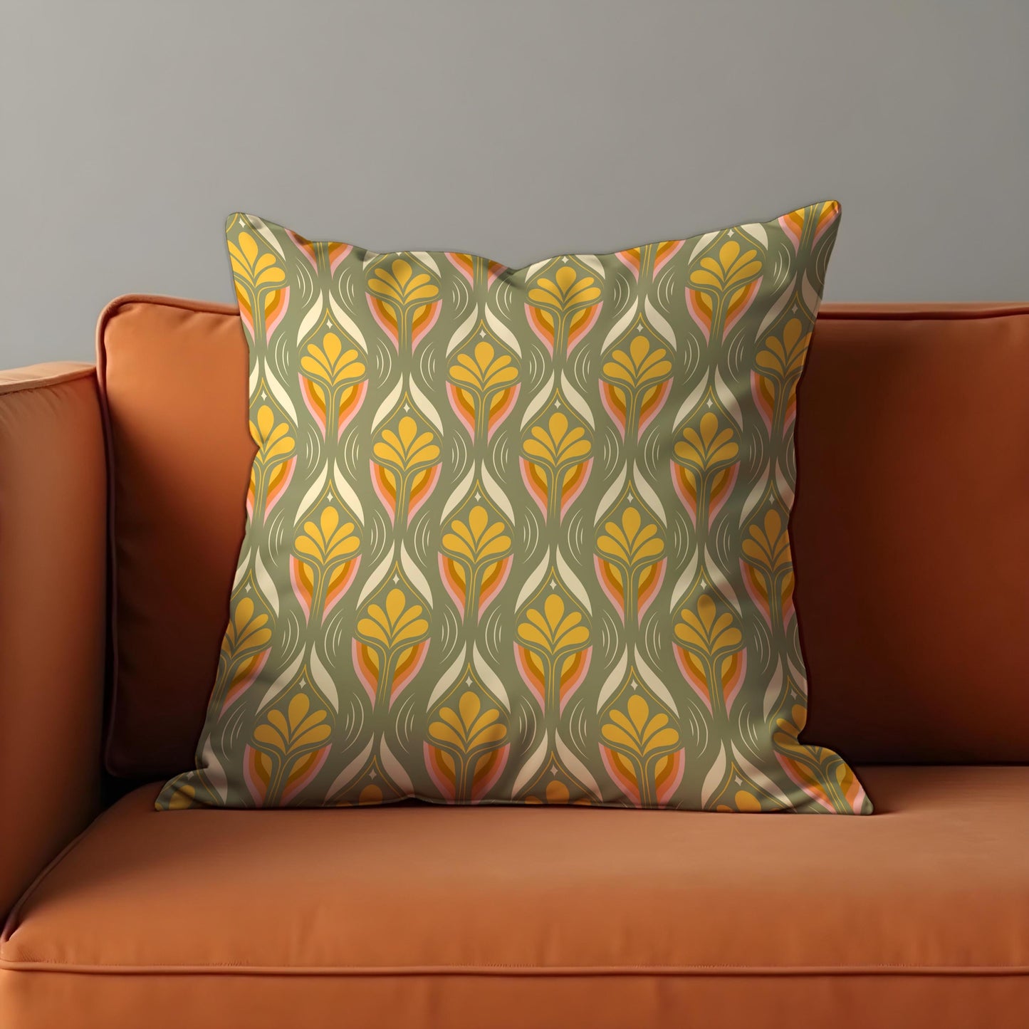Retro Floral Cushion Cover, Olive & Mustard Art Nouveau Pillow Cover