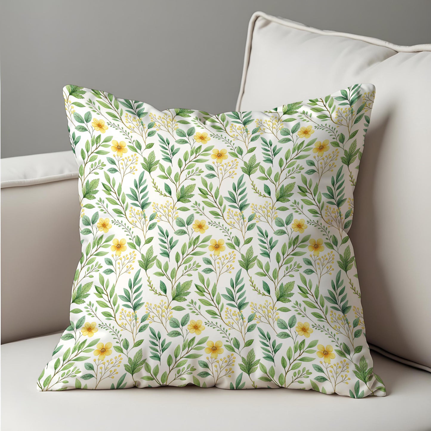 Spring Botanical Cushion Cover, Green Leaves & Yellow Floral Pillow Case