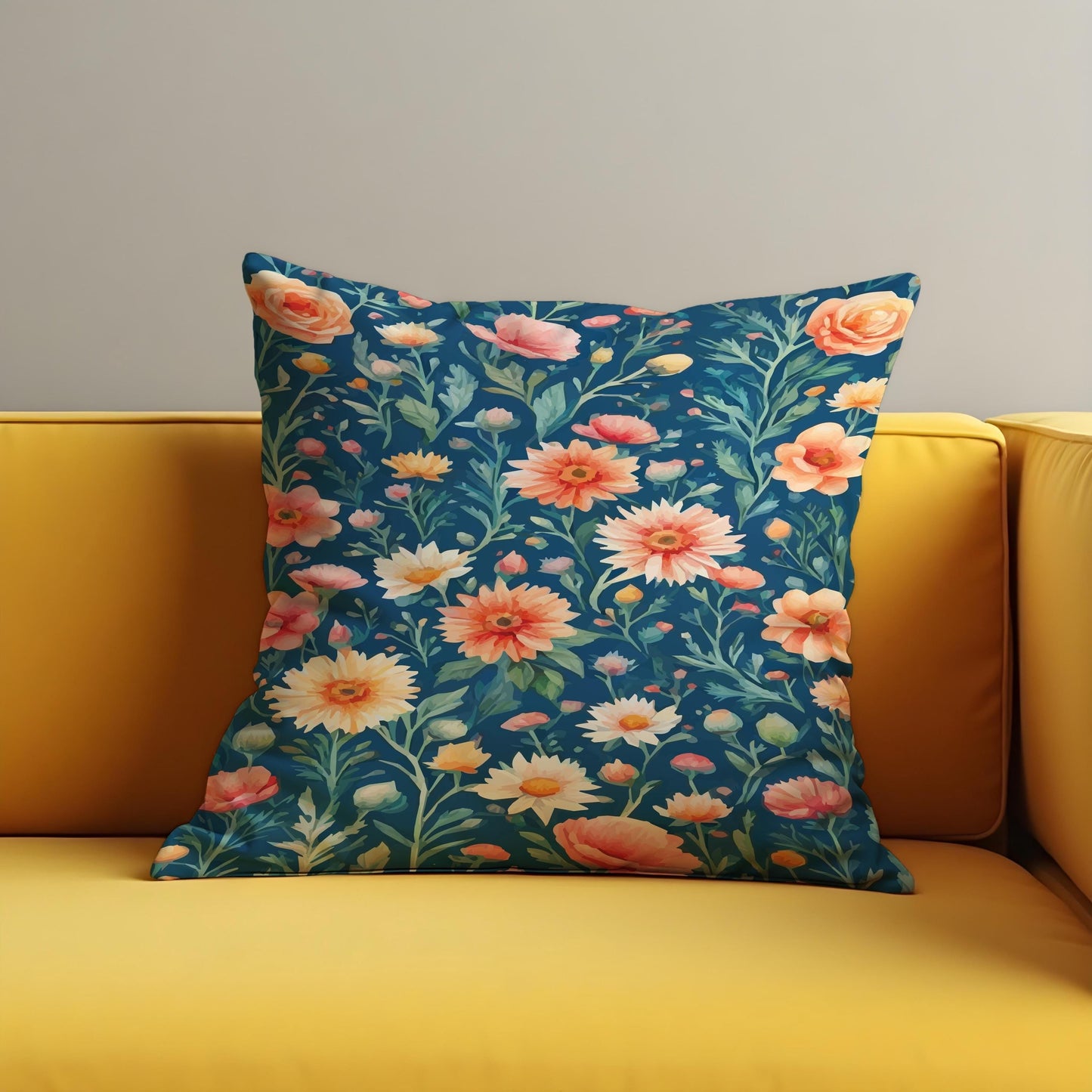 Wildflower Meadow Cushion Cover, Yellow & Coral Floral Pillow Case