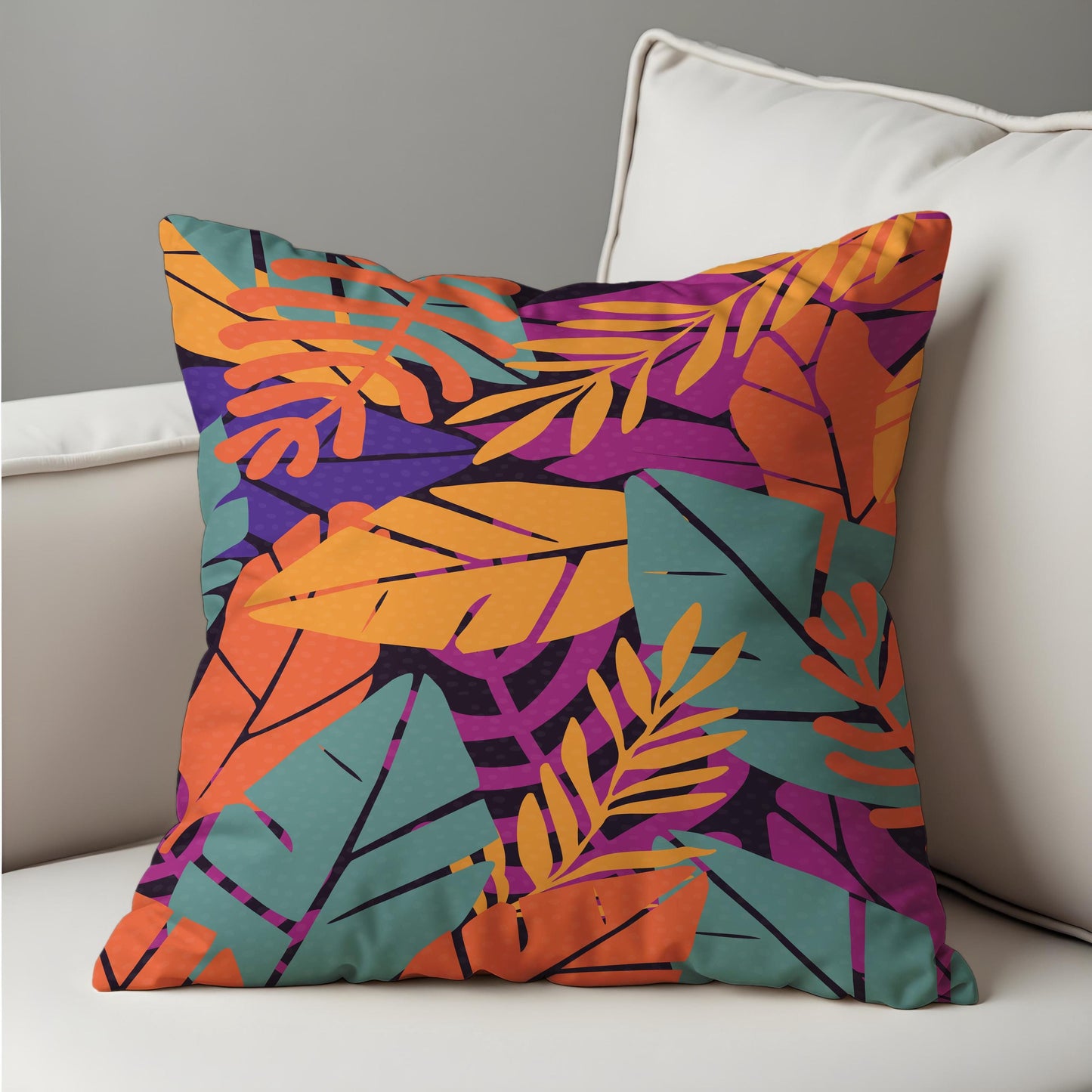 Tropical Leaf Cushion Cover, Orange & Green Botanical Print Pillow Case
