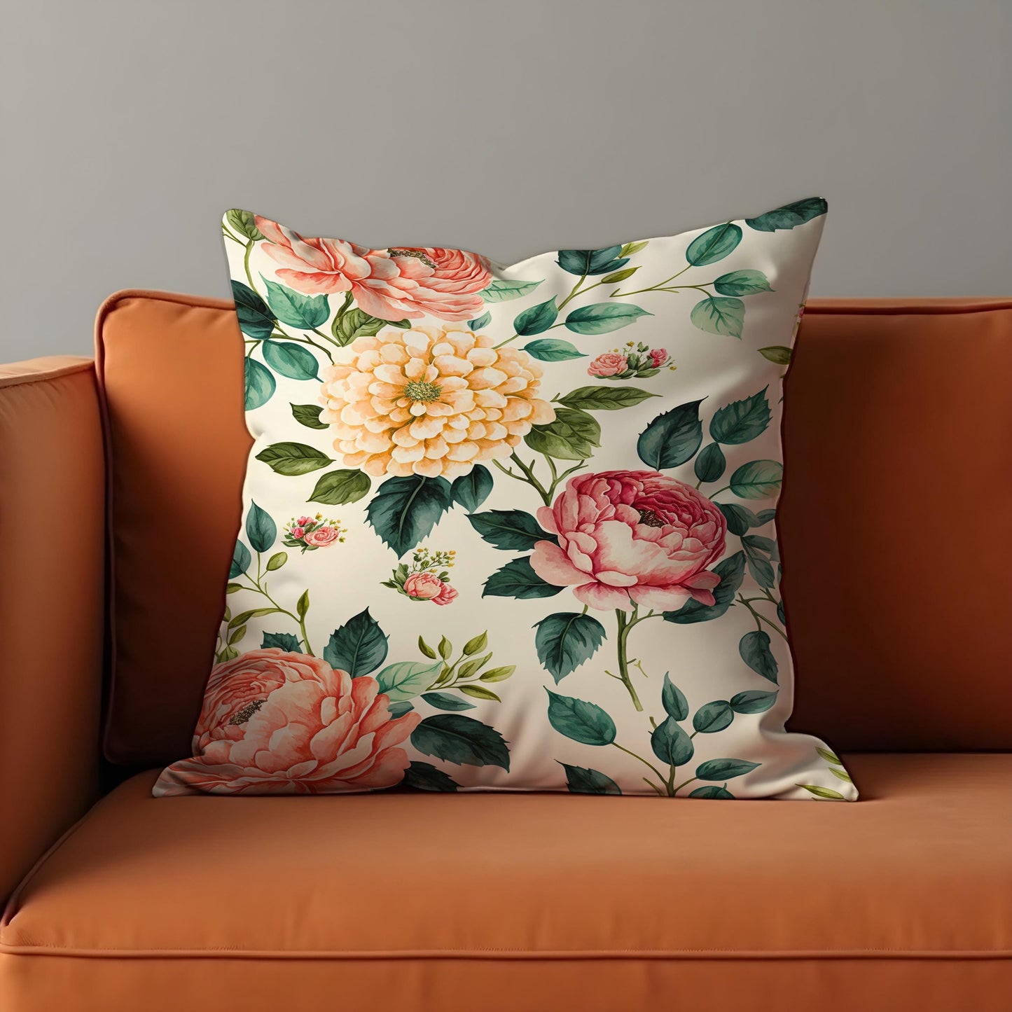 Peony Dahlia Cushion Cover, Blush & Yellow Flowers Throw Pillow Cover