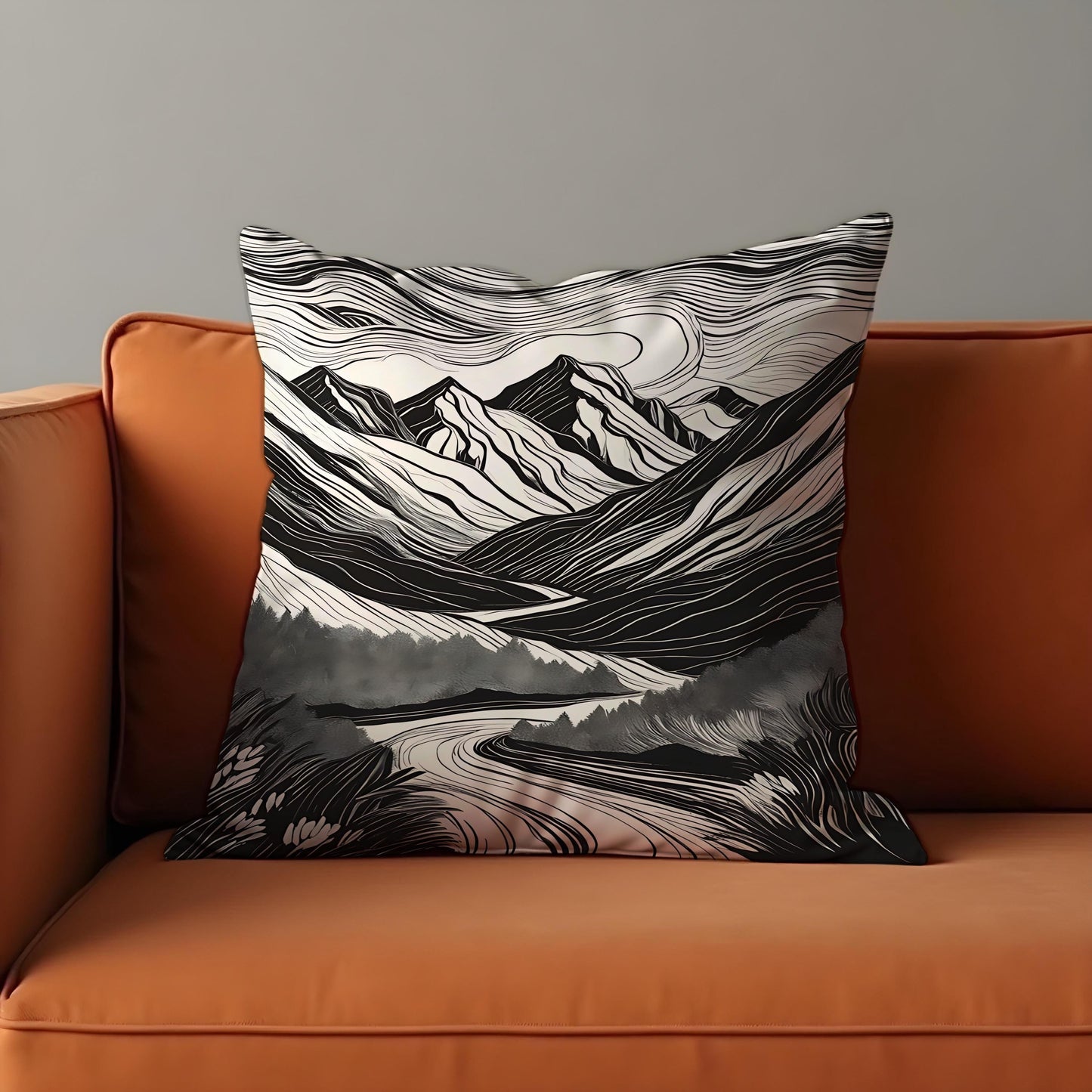 Black & White Mountain Cushion Cover, Monochrome Landscape Pillow Cover