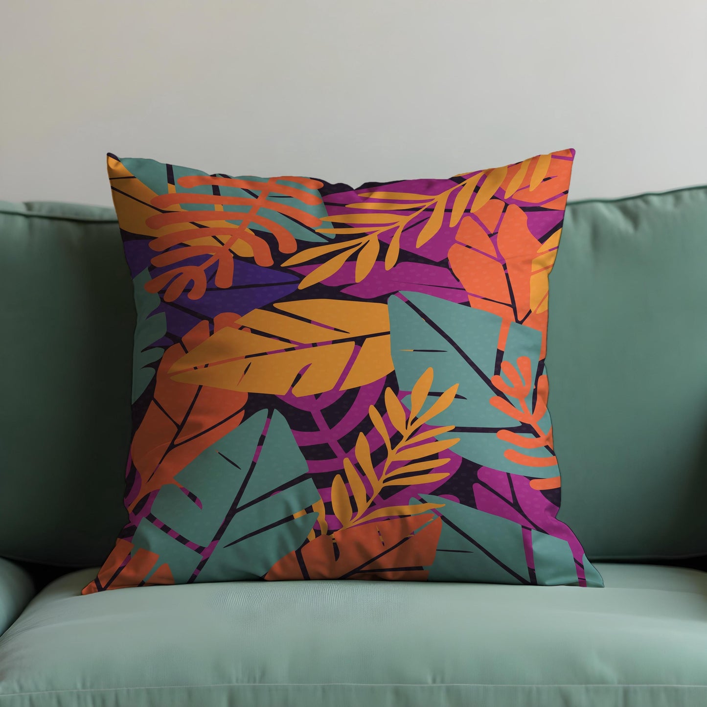 Tropical Leaf Cushion Cover, Orange & Green Botanical Print Pillow Case