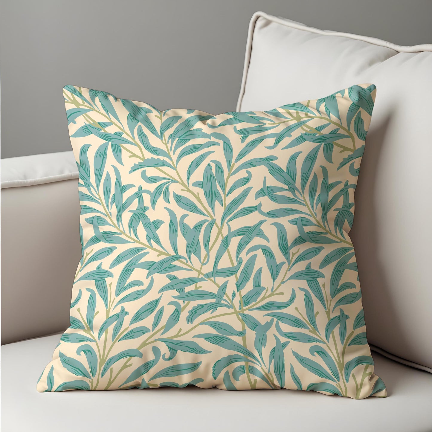 Turquoise Willow Leaf Cushion Cover, Botanical Throw Pillow Cover