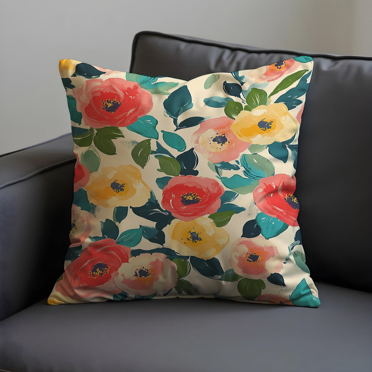 Floral Cushion Cover, Red and Yellow Poppy Flowers Pillow Case