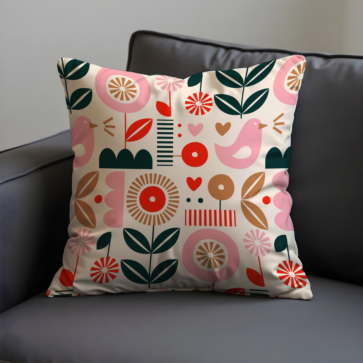 Scandi Folk Art Cushion Cover, Pink Bird & Floral Throw Pillow Cover