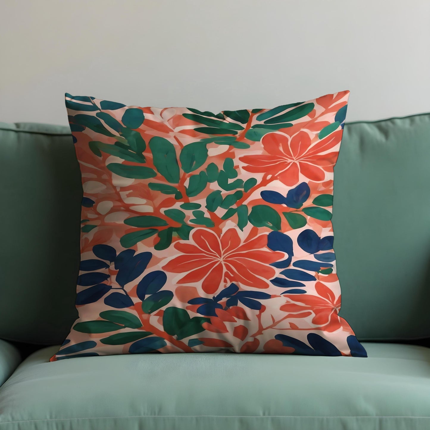 Tropical Floral Cushion Cover, Coral and Green Botanical Pillowcase