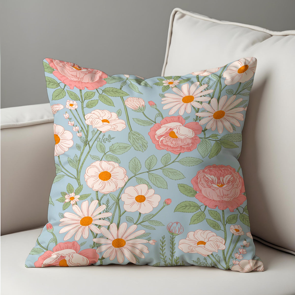 Blue Daisy Rose Cushion Cover, Floral Pillow Case