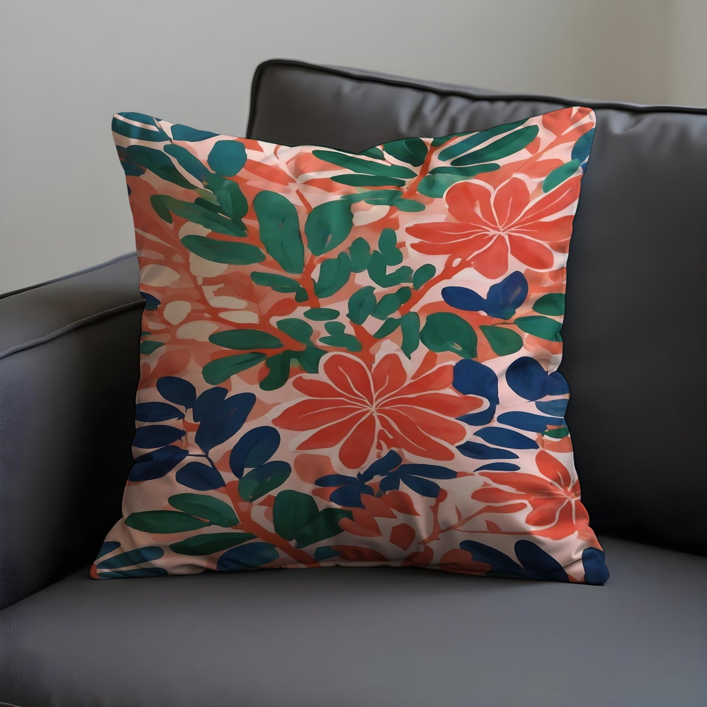 Tropical Floral Cushion Cover, Coral and Green Botanical Pillowcase