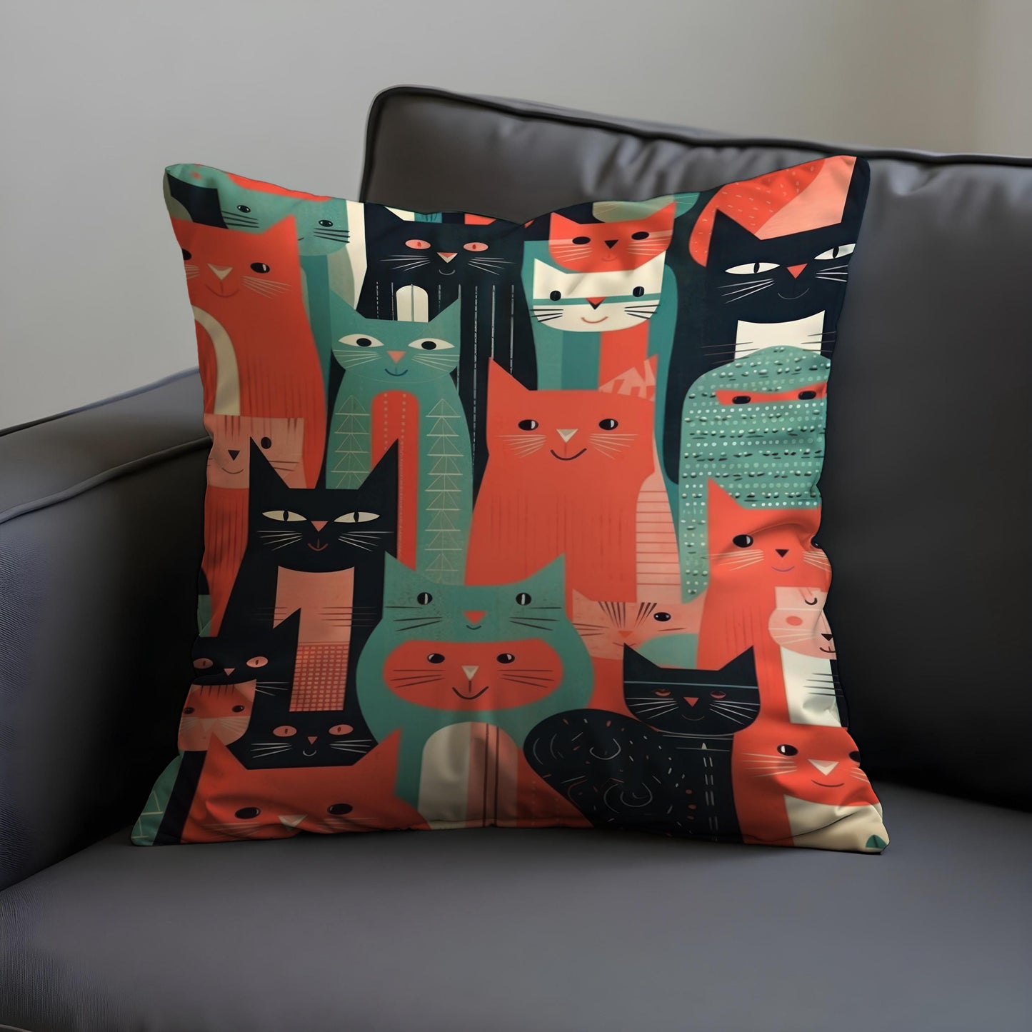 Colorful Cat Illustration Cushion Cover, Modern Retro Throw Pillow Cover