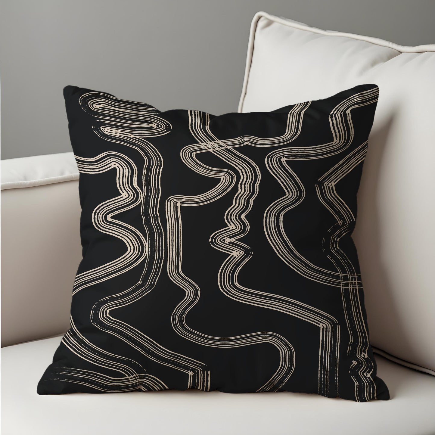 Abstract Black and Beige Cushion Cover, Geometric Lines Throw Pillow Cover
