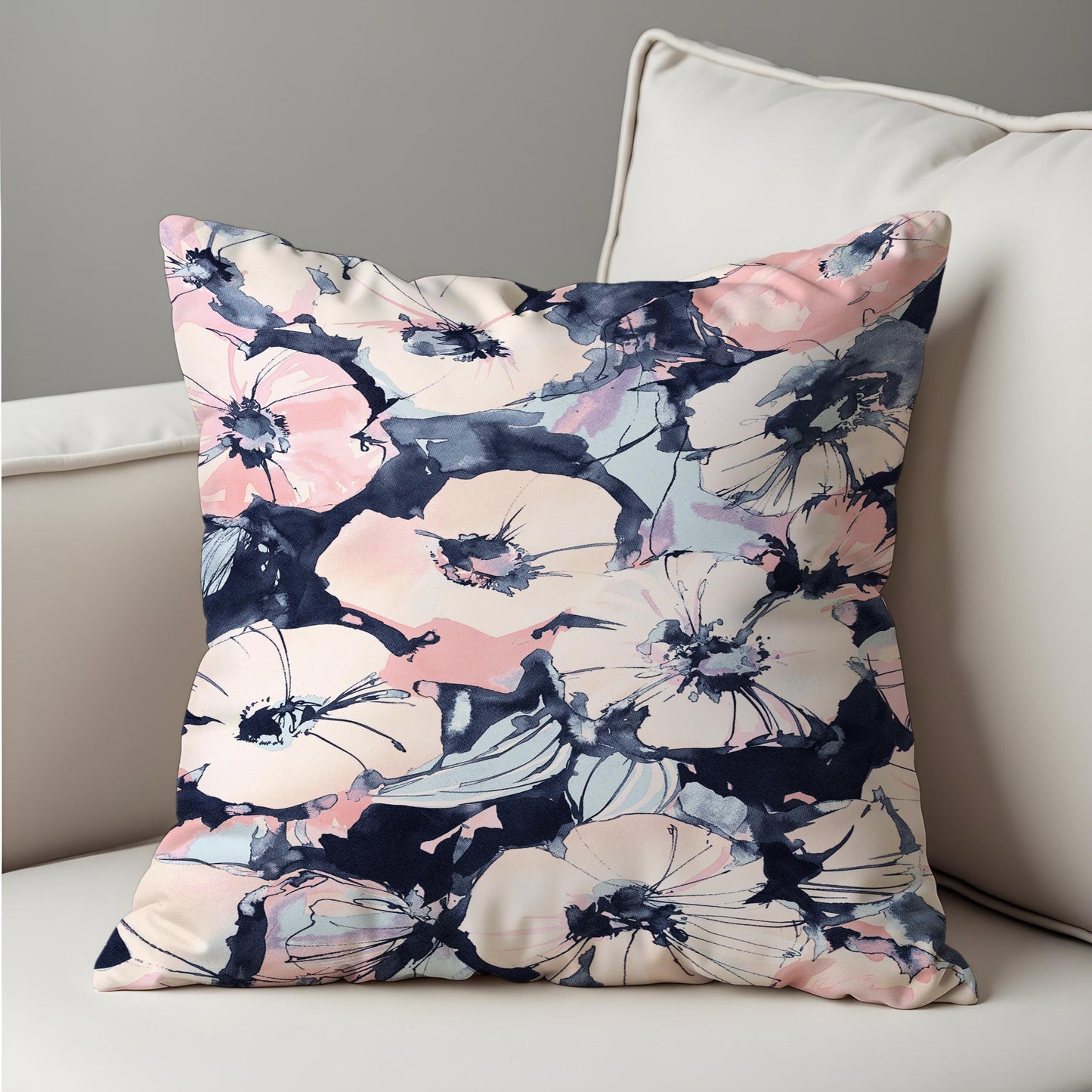 Watercolor Floral Cushion Cover, Blush & Navy Flower Print Pillowcase