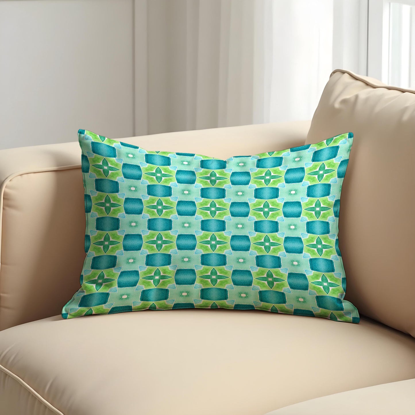 Retro Blue Green Cushion Cover, Mid Century Modern Tile Pillow Cover
