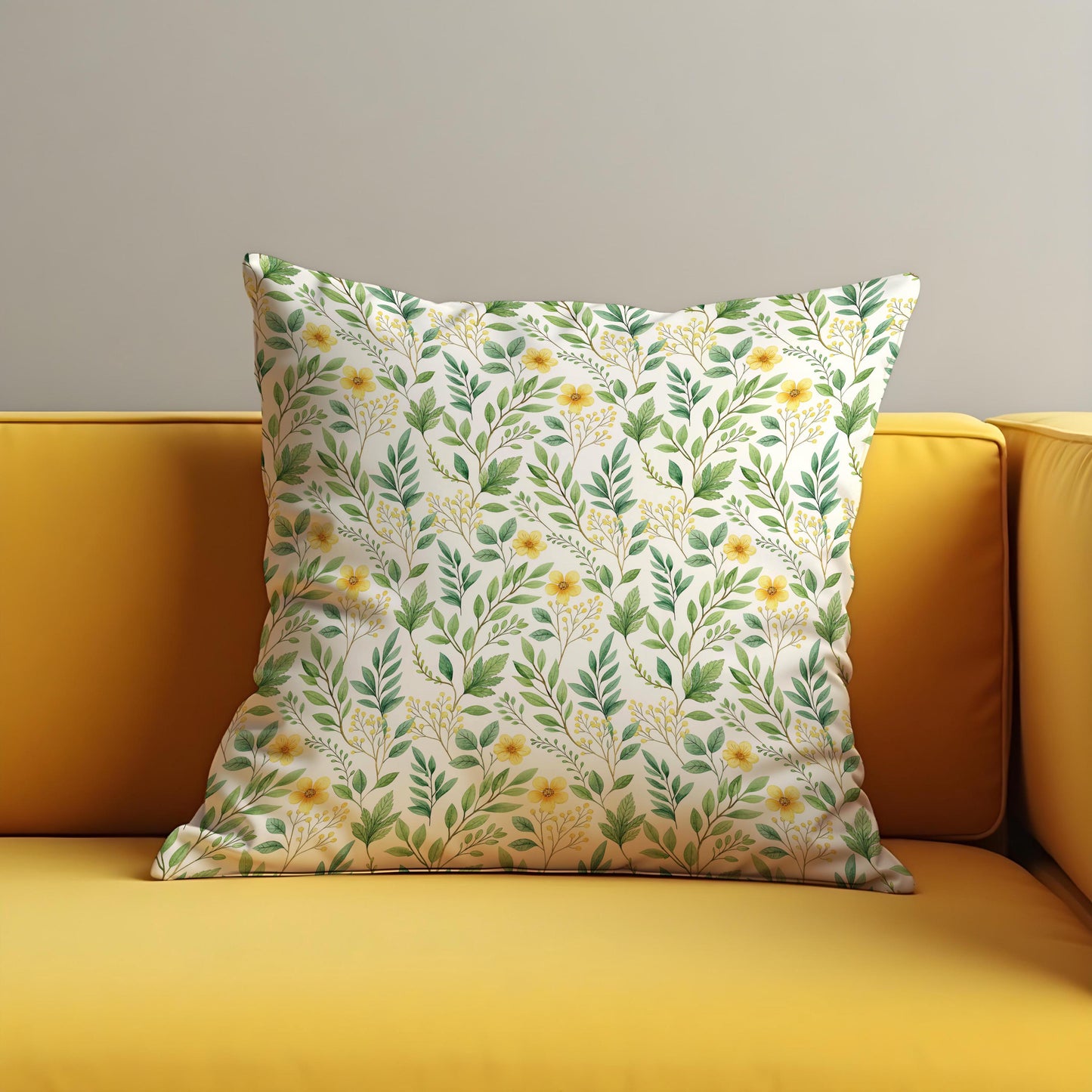 Spring Botanical Cushion Cover, Green Leaves & Yellow Floral Pillow Case